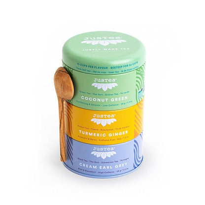 JusTea Assorted Tea Trio | Stacking Tins Variety Pack with Hand Carved Spoon | Loose Leaf Tea | Variable Caffeine | Award-Winning | Fair Trade | Non-GMO