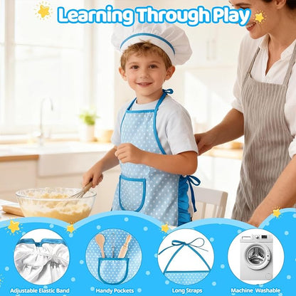 11 PCS Kids Chef Costume Set, Cooking & Baking Toys for Toddlers 3-8 with Adjustable Apron, Pretend Play Gift for Boys & Girls Birthday Xmas（Blue）