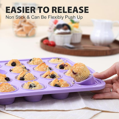 2 Pack Silicone Muffin Pan 12 and 24 Cup with Metal Frame, Non Stick Silicone Mini Cupcake Pan with Handles, BPA Free Silicon Regular Muffin Tin Tray Small for baking, egg bites, Mold Purple