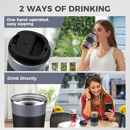 Volhoply 13 oz Stainless Steel Insulated Travel Coffee Mug with Fip Lid,Reusable Double Wall Vacuum Metal Coffee Cup,Portable to Go Leak Proof Cafe Thermal Tumbler for Hot & Cold Drinks(Gray,1)