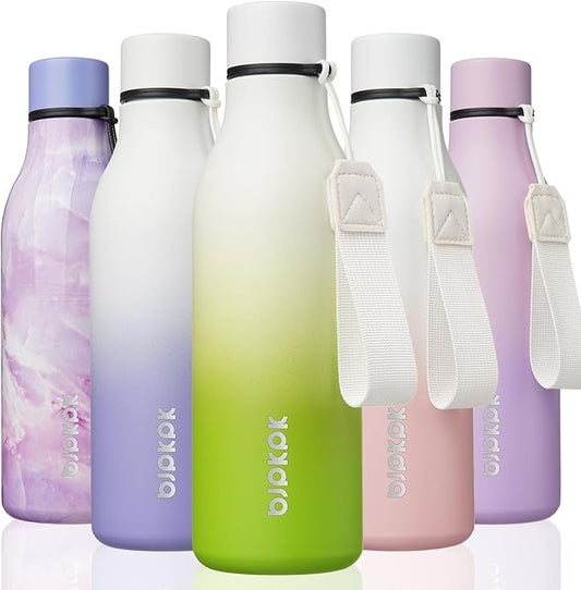 BJPKPK Insulated Water Bottles, 18 oz Stainless Steel Metal Water Bottle with Strap, BPA Free Leak Proof Thermos, Mugs, Flasks, Reusable Water Bottle for Sports & Travel, Elegant Green