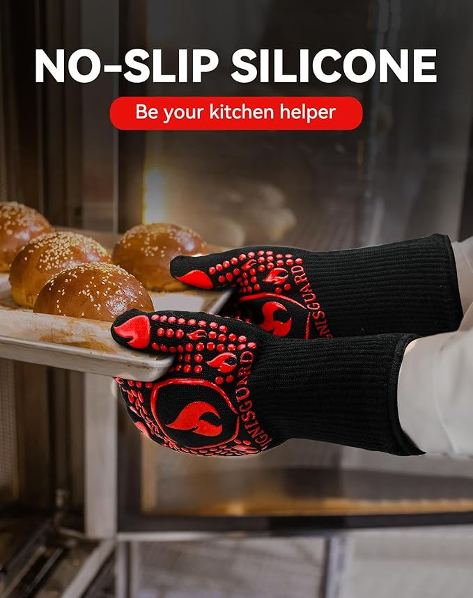 BBQ & Grill Gloves, Oven Gloves, 1472°F Silicone Oven Mitts Heat Resistant Grilling Gloves Fireproof Non-Slip for Barbecue Cooking Baking Smoking, 1-Pair Red（L）