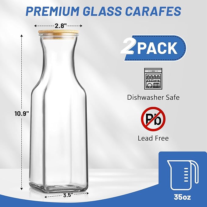 35 Oz Square Glass Carafe with Bamboo Lid, Beverage Dispensers,Mimosa Bar Supplies,Clear Glass Pitcher with Name Labels for Iced Tea,Coffee,Juice(Pack of 2)