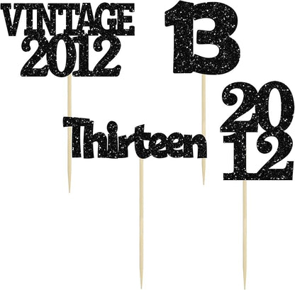Gyufise 24Pcs 13th Birthday Cupcake Toppers Glitter Thirteen Vintage 2012 Official Teenager 13 Cupcake Picks 13 Years Birthday Cake Decorations for Happy 13th Anniversary Party Supplies Black