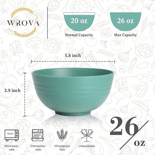 6-piece Wheat Straw Bowls sets 26oz,Alternative Plastic Bowls Reusable for indoors and outdoors,Microwave-able and Dishwasher Safe Bowls Sets Easy to Clean.Green Series