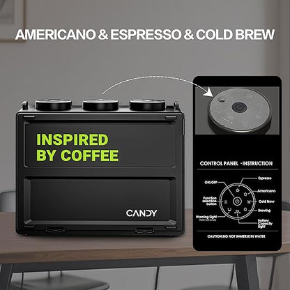 Candy™ Portable Espresso Coffee Maker with Strap for Travel, 3 in 1 One-Touch Operation, Rechargeable Up to 60 Cups(Cold), for Ground, Ideal for Camping, RV & Outdoor Use, Fast Heating in Plug-in Mode