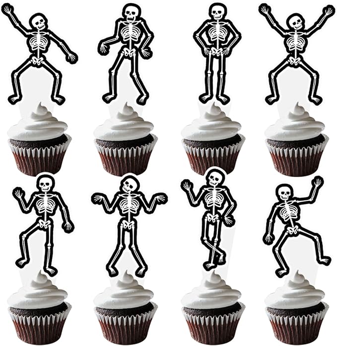 Dancing Skeleton Halloween Cupcake Toppers 48PCS Black Skull Party Cake Decorations Skeleton Cupcake Picks Halloween Birthday Party Decorations for Horror Theme Party Baby Shower Supplies