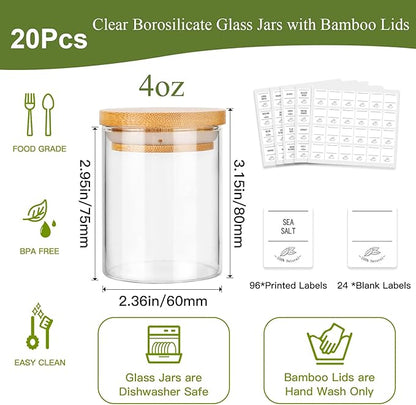 4oz Glass Spice Jars with Bamboo Lids, 20 Pack Clear Borosilicate Glass Food Storage Containers with Wooden Airtight Lids, Cylinder Glass Bottles with Lids for Kitchen Spice Sugar Salt Coffee Tea