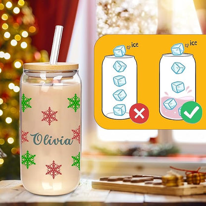 Personalised Christmas Cup, 18oz Clear Glass Cups with Lids and Straws，Cute Cups for Women，Snowflake Design, Reusable Drinking Cup with Bamboo Lids, Christmas Gifts for Men, Women and Friends