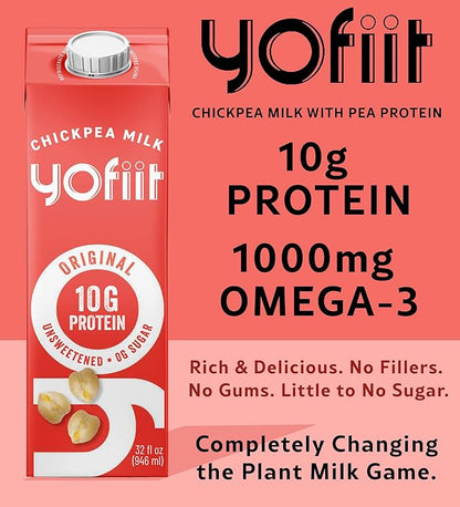 Yofiit Original Unsweetened Plant Based Milk with Pea Protein and Flax - More Protein than Almond Milk - Non Dairy Coffee Creamer, Vegan & Shelf Stable | 10g Protein - 6 Pack