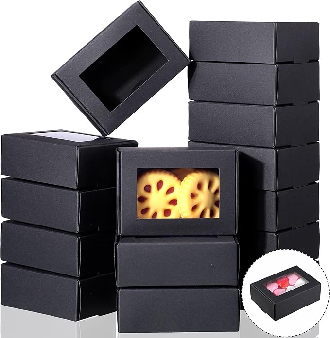 Zonon 30 Pcs Soap Boxes for Homemade Packaging, Mini Kraft Treat Boxes with Window for Bakery Candy Soap Making Gift Packaging (3.7 x 2.6 x 1.37 Inch,Black)