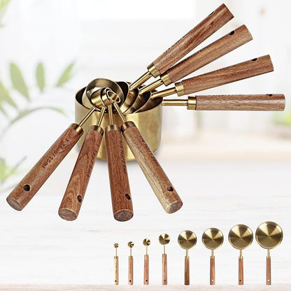 Collection 8 Piece Gold Measuring Cups Set and Measuring Spoons, Golden With fragrant wood Handles-Complete Set of Measure Cups and Spoons For Cooking and Baking.…