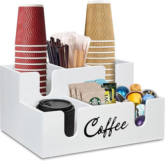 Wooden Coffee Station Organizer - 6 Compartment Lid Holder for Counter, Dispenser for Paper Cups, Condiment Storage