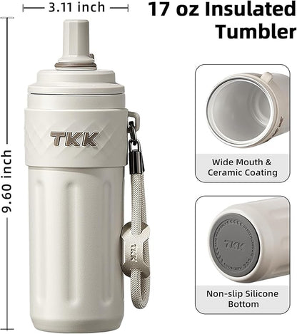 TKK 17 OZ Travel Tumbler Ceramic Lining with Straw Lid, Stainless Steel Vacuum Insulated Double Wall Coffee Tumbler, Leak Proof Iced Water Bottle with Carry Strap for Hot & Cold Drinks, Beige