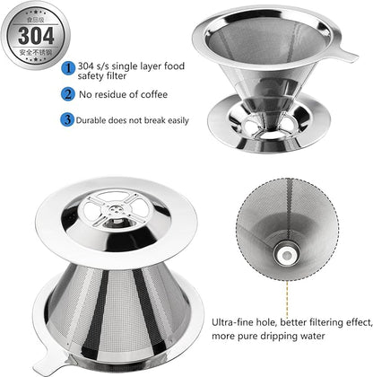 Pour Over Coffee Dripper Stainless Steel Coffee Filter Cone Coffee Filters Double Mesh Design Reusable