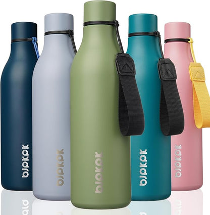 BJPKPK Insulated Water Bottles, 25 oz Stainless Steel Metal Water Bottle with Strap, BPA Free Leak Proof Thermos, Mugs, Flasks, Reusable Water Bottle for Sports & Travel, Forest Green