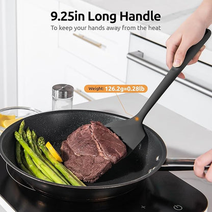 600ºF Heat Resistant Silicone Turner: U-Taste 13.6in Solid Kitchen Spatula Flipper, Food Grade Flexible & Thin Rubber Seamless Cooking Utensil for Flipping Egg, Pancake in Nonstick Cookware (Black)