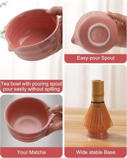 Matcha Set - Japanese Matcha Kit Set 7-Pcs: Ceramic Bowl (Chawan), Matcha Whisk and Holder, Bamboo Scoop, Scoop Rest, Sifter and Towel - Authentic Tea Ceremony Tools for Tea Lovers (Hot Pink)