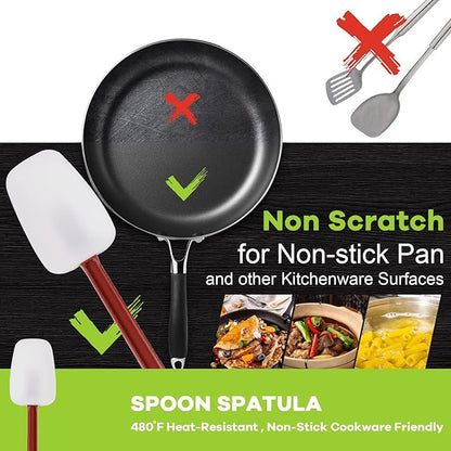 Kitchy Silicone Rubber Spatula and Spoon Set - High Heat Spatula Spoon, Commercial Cooking Set (1 Spoonula + 2 Scrapers, 14 Inches)