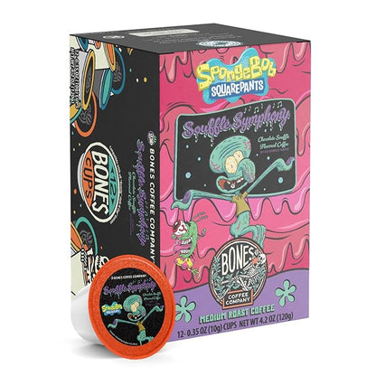 Bones Coffee Company Spongebob Soufflé Symphony, Chocolate Soufflé Flavored Coffee Pods, Low Acid Medium Roast Single-Serve Bones Cups, Compatible with 1.0 & 2.0 Capsule Brewers Coffee Maker, 12 Count