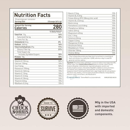 Basecamp Complete Nutrition Shake by Chuck Norris Roundhouse Provisions – Plant-Based Emergency Meal with 18g Protein & 28 Essential Nutrients – Rich Chocolate Flavor – 10 Servings, 3-Year Shelf Life