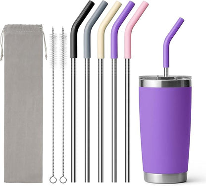 Stainless Steel Straws for 20 oz Yeti Tumbler, 5 Pcs Metal Straws Reusable with Silicone Tip for 20 oz Stanley Cup and 16 oz Glass Tumbler, Cleaning Brush, 1 Portable Bag