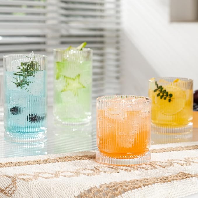 Ribbed Glass Cups Set, 390ml Vintage Drinking Glassware Set of 4, Cocktail Glasses, Low Ball Ribbed Glassware, Mixed Glassware Set, Premium Whiskey Glasses, Ideal for House of Glass