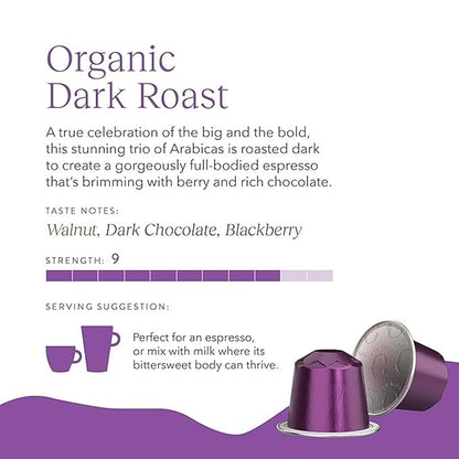 Cru Kafe Dark Roast USDA Organic Espresso Coffee Capsules (50 Pods) Fairtrade Coffee Pods Compatible with Nespresso Original Line and Pixie Machines