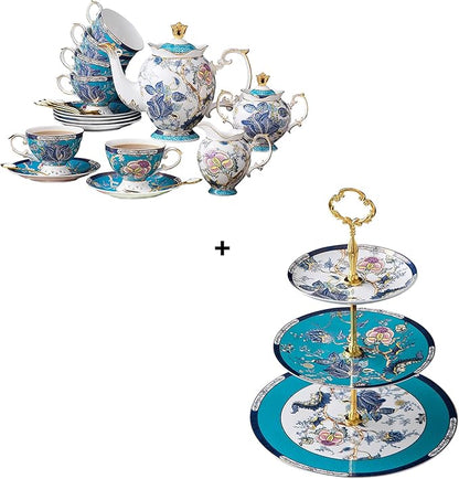 ACMLIFE Bone China Tea Sets with Cake Stand 3 Tiers for 6 Adults, 21 Piece Vintage Tea Cup Set, Blue Floral Tea Sets for Women Tea Party or Gift Giving China/English Tea Cup Set