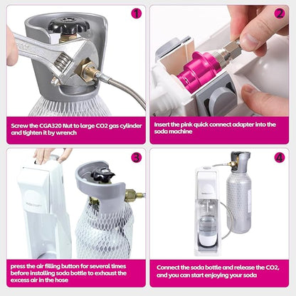 Pink Quick Connect CO2 Adapter 60in Hose Kit, CGA320 CO2 Cylinder Tank Direct to Sparkling Water Soda Maker for Terra DUO Art Gaia Aqua Fizz