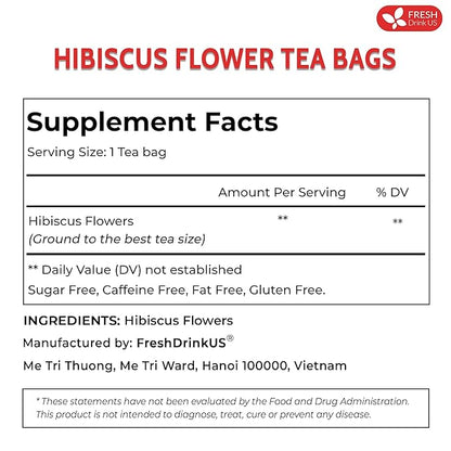 FreshDrinkUS, Premium 235 Hibiscus Flowers Tea Bags, 100% Natural, Pure from Hibiscus Flowers. Loose Flower Herbal Tea. No Sugar, No Caffeine, No Gluten, Vegan.