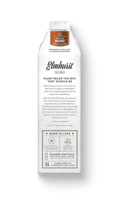 Elmhurst 1925 Maple Walnut Milk Barista Edition – 32 Ounce (Pack of 6) Plant-Based, Extra Creamy, Vegan, Dairy-Free, Non-GMO, Kosher, Sweetened with Real Maple Syrup for Flavorful Lattes & Iced Drinks