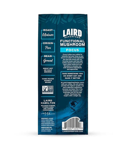Laird Superfood Focus Coffee, Medium Roast Ground Coffee Infused with Functional Mushrooms and Botanical Adaptogens, 12 oz. Bag (Pack of 2)