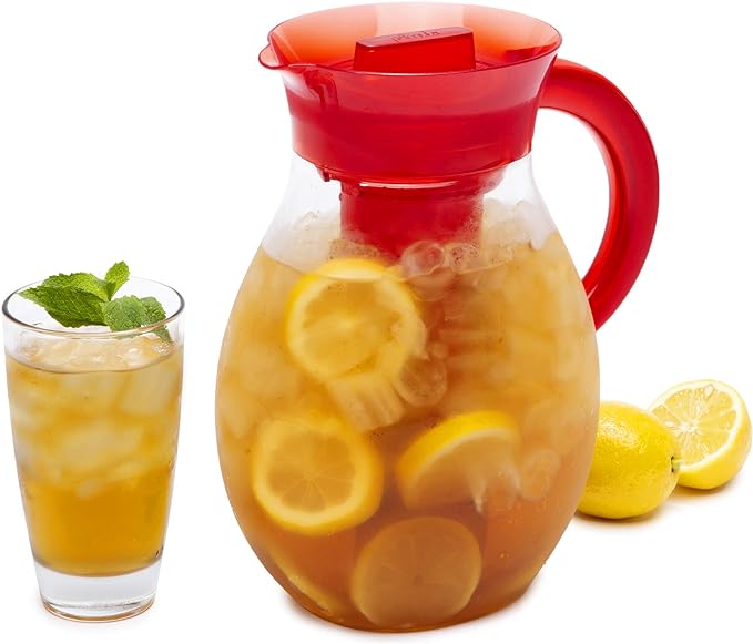 Primula The Big Iced Tea Maker Tritan Plastic Infusion Beverage Pitcher with Leak Proof, Airtight Lid, Fine Mesh Resuable Filter, Manufactured without PFOA, Dishwasher Safe, 1-Gallon, Red