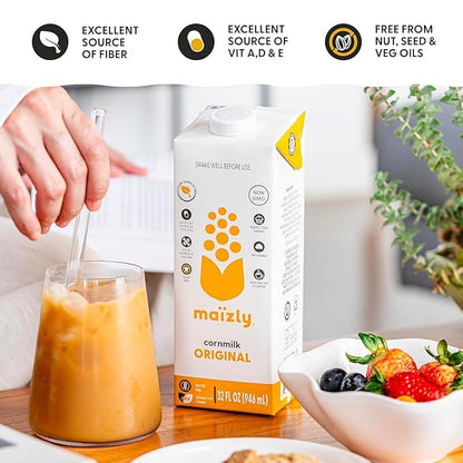 Maizly Original Corn Milk, Plant-Based Drink Made with Non-GMO Ingredients, Less Sugar, Gluten & Dairy-Free Alternative to Whole Milk, Non-Dairy Kosher Drink For Kids & Adults, 32 oz, Shelf Stable Pack of 6 Boxes