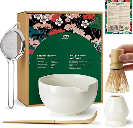Matcha Whisk Set, Handcrafted Bamboo Chasen & Ceramic Bowl Matcha Kit, Complete 5 Pcs Matcha Set Whisk and Bowl W/Stainless Steel Sifter, Bamboo Scoop & Holder for Matcha Tea Ceremony (White)