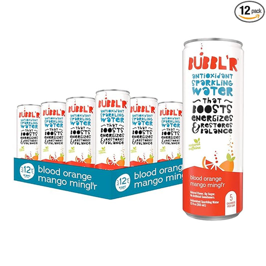 BUBBL'R blood orange mango mingl'r, Antioxidant Sparkling Water with Natural Caffeine, 0g Sugar, Gluten Free, All Natural Flavors, 12 Fl Oz Cans, 12 Count