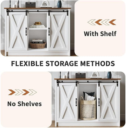 4 EVER WINNER Coffee Bar Cabinet with Sliding Barn Doors, 42”Farmhouse Buffet Cabinet with Storage for Kitchen, Coffee Bar with Adjustable Shelf for Dining Room, White