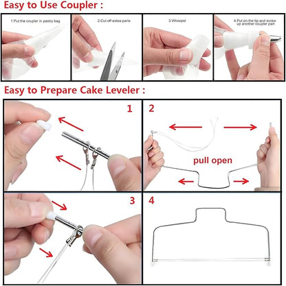 198 Pcs Cake Decorating Kit with Aluminium Alloy Cake Turntable,24 Numbered Icing Piping Tips,2 Couplers,2 Cake Spatulas,3 Comb Scrapers,8 Carved Pens, 50 Pastry Bags,50 Cake Flags