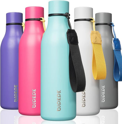 BJPKPK Insulated Water Bottles, 18 oz Stainless Steel Metal Water Bottle with Strap, BPA Free Leak Proof Thermos, Mugs, Flasks, Reusable Water Bottle for Sports & Travel, Turquoise