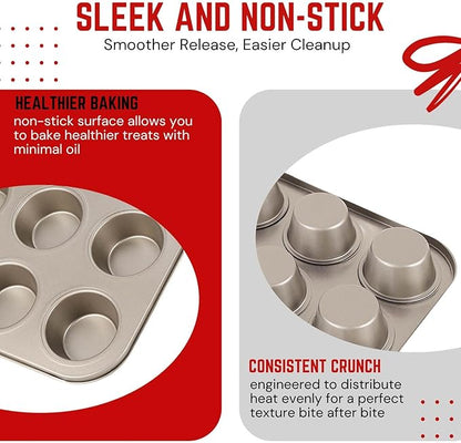 Flexzion Muffin Tray Cupcake Baking Pan 2 Pack, 12-Cup Nonstick Carbon Steel Muffin Tin Non-Stick Cupcake Tin Bakeware Accessories for Baking Cupcake Muffin Brownies Snack, Fridge Safe, Champagne Gold