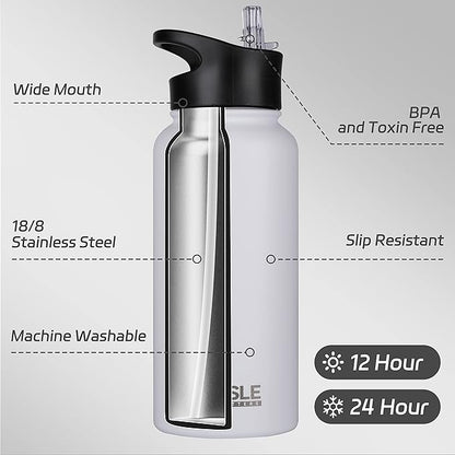 HASLE OUTFITTERS 32 oz Insulated Water Bottle Stainless Steel Double Walled Vacuum Sports Water Bottle with 2 Lids (Straw and Spout Lid) for Gym Camping Hiking(White,8)