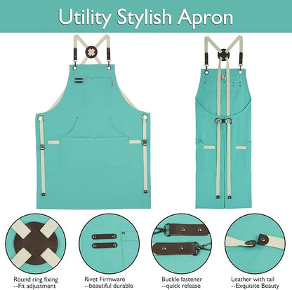 Kitchen Apron, Work Apron, Canvas, Multiple Pockets, Gardening, Painting, BBQ, Artist, Carpenter, Sizes M to XXL, Ice Blue