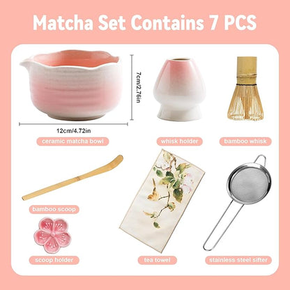Matcha Whisk Set Ceramic Matcha Set Includes Bowl,Spout Bamboo Chasen Whisk with Ceramic Holder, Matcha Scoop and Stainless Sifter, Matcha Kit for Women,Gift for Matcha Lovers(7Pcs,Pink)