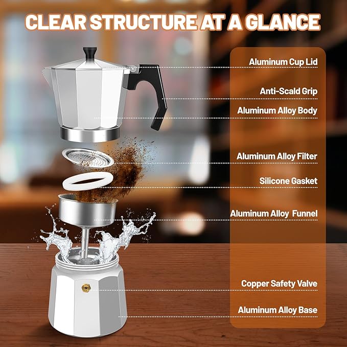 6 Cup Aluminum Espresso Stovetop Moka Pot Express Coffee Maker Percolator Italian Classic Mocha Coffee Machine for Italian and Cuban Cafe Brewing for Home & Camping 300ml 10oz