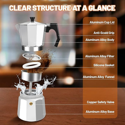 6 Cup Aluminum Espresso Stovetop Moka Pot Express Coffee Maker Percolator Italian Classic Mocha Coffee Machine for Italian and Cuban Cafe Brewing for Home & Camping 300ml 10oz