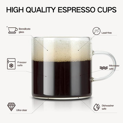 4-Pack 4oz Espresso Cups Espresso Shot Glasses with Handle, Small Glass Coffee Cups, Espresso Mugs Demitasse Cups Cappuccino Cup for Hot or Cold Latte, Tea, Microwave Dishwasher Safe