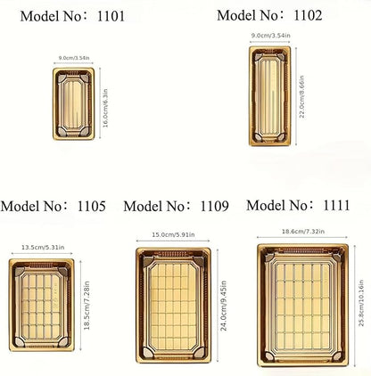 10 Pack Gold Rectangular Sushi Containers with Clear Lids – Disposable Plastic Food Boxes for Party, Takeout & Catering – Elegant, Stackable Trays for Sushi, Snacks & Desserts(Model No.1109)