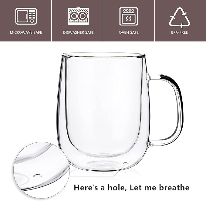 CNGLASS Glass Coffee Mugs 12oz,Double Wall Insulated Mug Set with Handle,Clear Glass Espresso Mugs for Latte,Cappuccino,Tea Bag,Hot and Cold Beverages,Set of 2