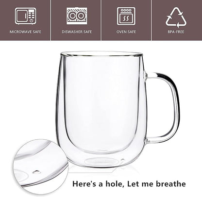 CNGLASS Glass Coffee Mugs 12oz,Double Wall Insulated Mug Set with Handle,Clear Glass Espresso Mugs for Latte,Cappuccino,Tea Bag,Hot and Cold Beverages,Set of 2